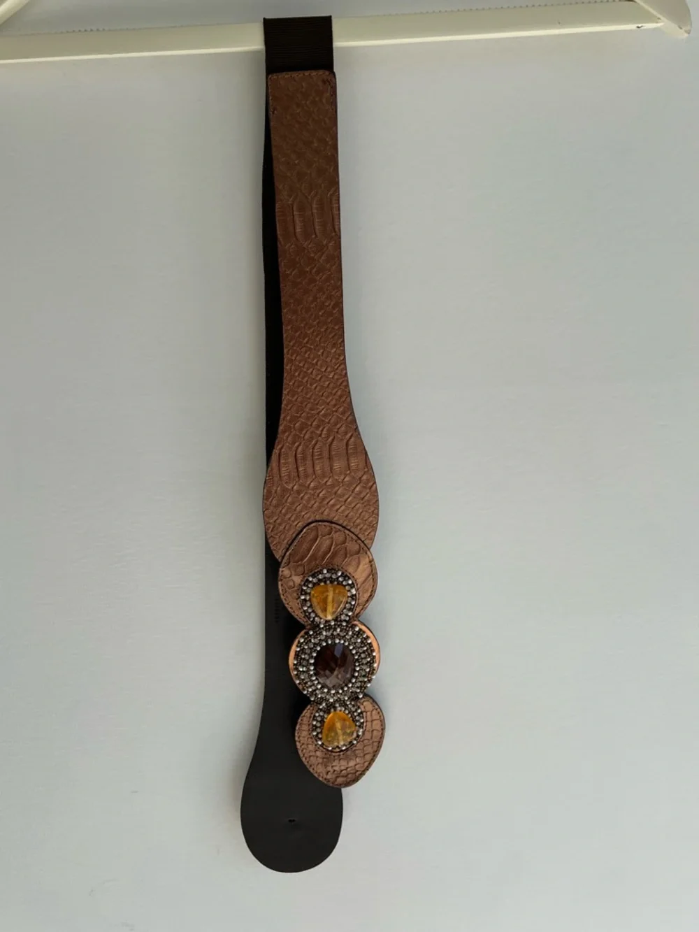 Chico’s Brown Embossed Leather Statement Belt Beaded Gem‎ Wide M